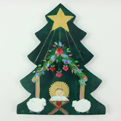 Christmas Nativity Tree Wall Hanging Painted Wood Decoration 10.5 x 8.25 in