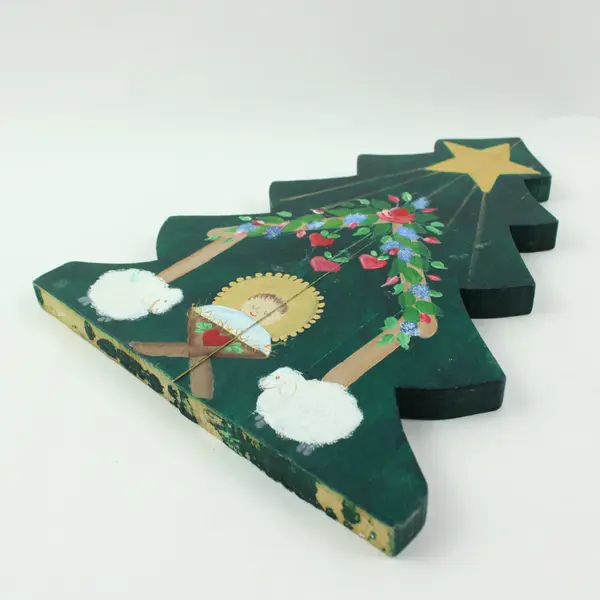 Christmas Nativity Tree Wall Hanging Painted Wood Decoration 10.5 x 8.25 in