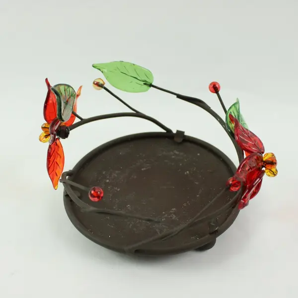Plastic Poinsettia Metal Candle Holder Red Green Amber Floral