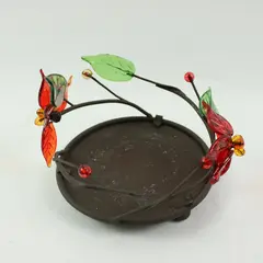 Plastic Poinsettia Metal Candle Holder Red Green Amber Floral