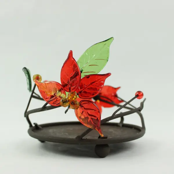 Plastic Poinsettia Metal Candle Holder Red Green Amber Floral