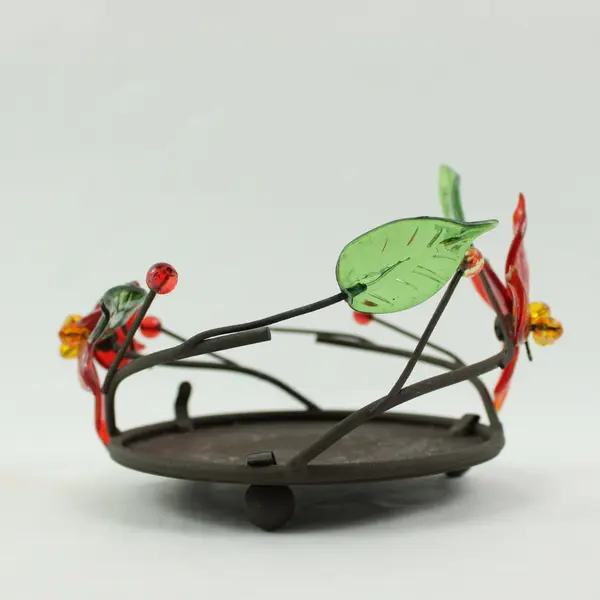 Plastic Poinsettia Metal Candle Holder Red Green Amber Floral
