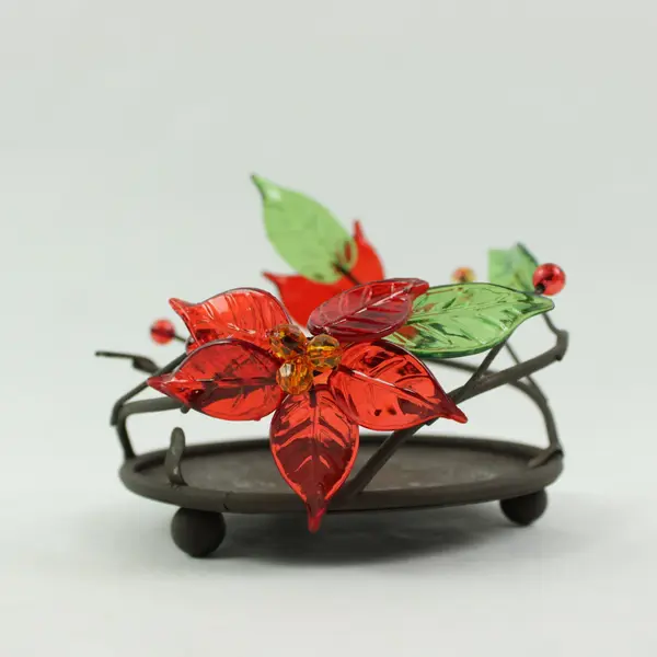 Plastic Poinsettia Metal Candle Holder Red Green Amber Floral