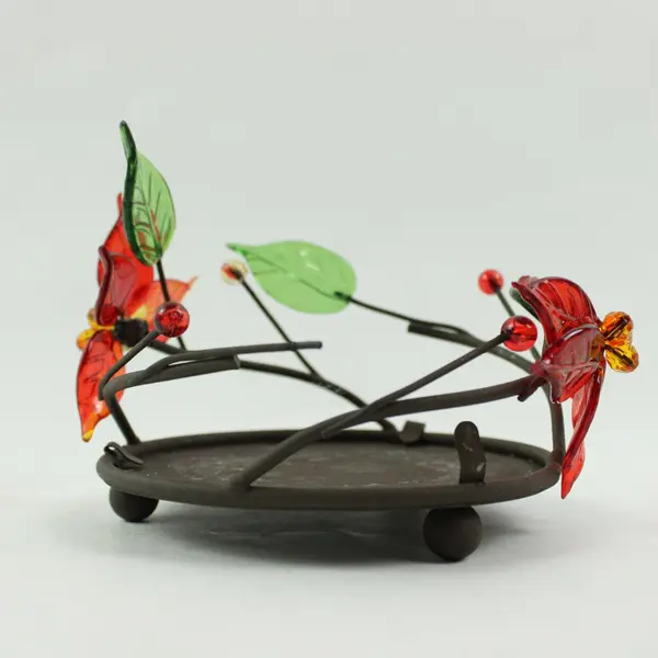 Plastic Poinsettia Metal Candle Holder Red Green Amber Floral