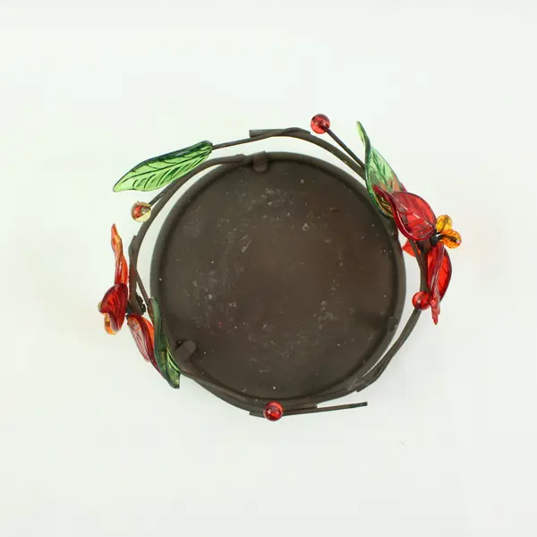 Plastic Poinsettia Metal Candle Holder Red Green Amber Floral