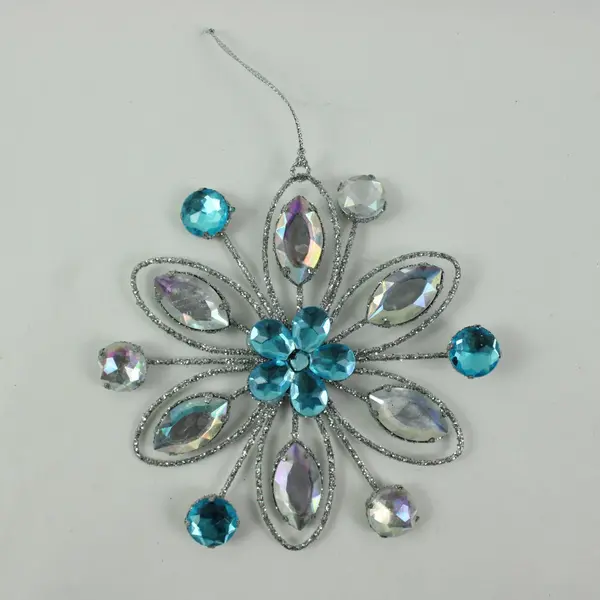 Blue Iridescent Rhinestone Flower Ornament Plastic Hanging Decor 6''