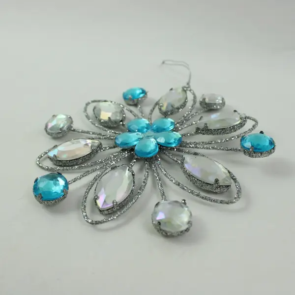 Blue Iridescent Rhinestone Flower Ornament Plastic Hanging Decor 6''