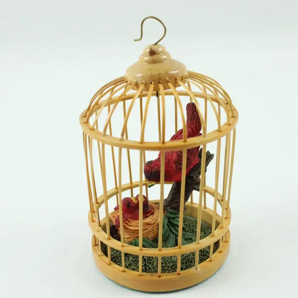 Vintage Bamboo Bird Cage With Mother Red Bird Feeding Chicks Christmas Ornament