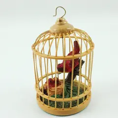 Vintage Bamboo Bird Cage With Mother Red Bird Feeding Chicks Christmas Ornament