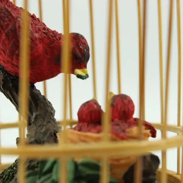 Vintage Bamboo Bird Cage With Mother Red Bird Feeding Chicks Christmas Ornament