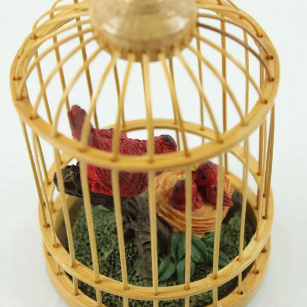 Vintage Bamboo Bird Cage With Mother Red Bird Feeding Chicks Christmas Ornament