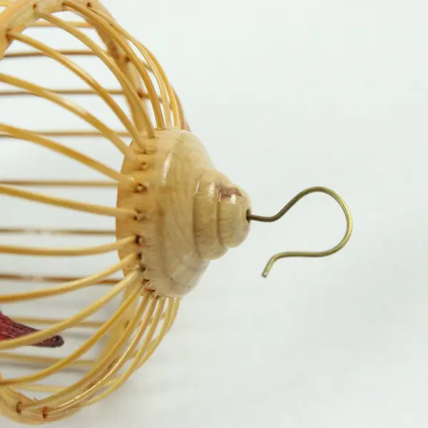 Vintage Bamboo Bird Cage With Mother Red Bird Feeding Chicks Christmas Ornament
