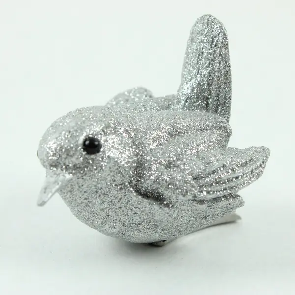 Silver Glitter Acrylic-Body Bird Clip-On Holiday Ornament Black Bead Eyes 2.75"