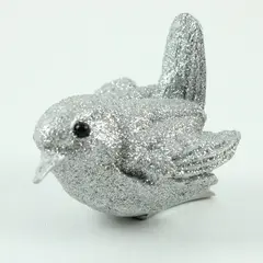 Silver Glitter Acrylic-Body Bird Clip-On Holiday Ornament Black Bead Eyes 2.75"