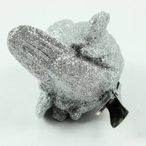Silver Glitter Acrylic-Body Bird Clip-On Holiday Ornament Black Bead Eyes 2.75"