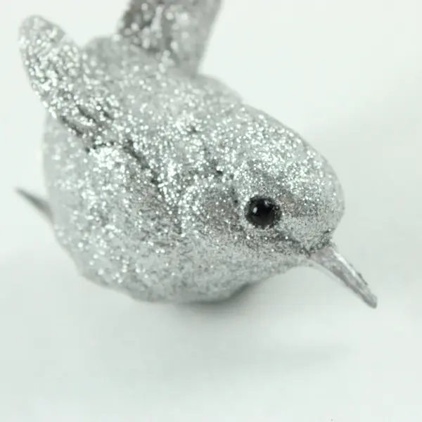Silver Glitter Acrylic-Body Bird Clip-On Holiday Ornament Black Bead Eyes 2.75"