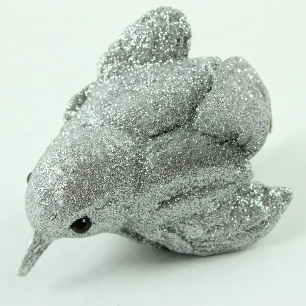 Silver Glitter Acrylic-Body Bird Clip-On Holiday Ornament Black Bead Eyes 2.75"