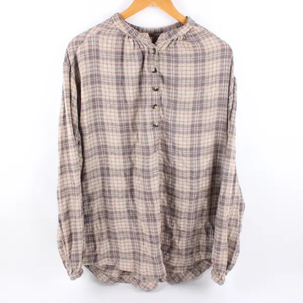 Free People Women's Large Plaid Long Sleeve Henley Top