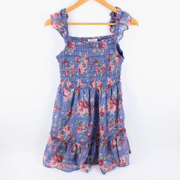 Rewind Women's Medium Blue Pink Rose Print Smocked Mini Dress