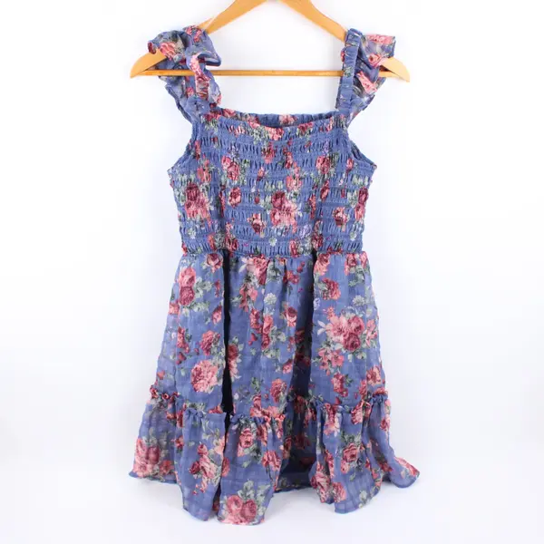 Rewind Women's Medium Blue Pink Rose Print Smocked Mini Dress