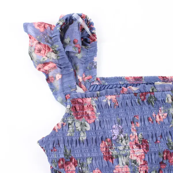 Rewind Women's Medium Blue Pink Rose Print Smocked Mini Dress