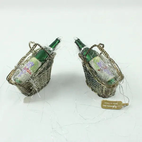 Lot of 2 2000 Roman Inc. Wine Basket Ornaments with Miniature Wine Bottles Good