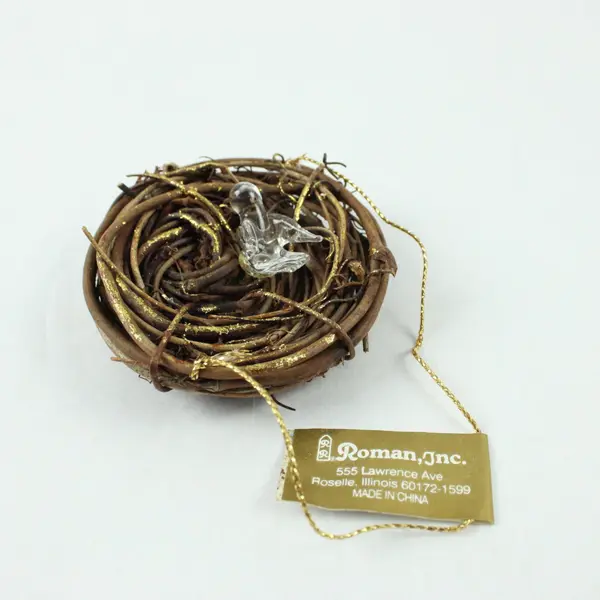 Roman Inc Bird Nest Ornament With Tiny Clear Glass Bird 3" in Diameter Good