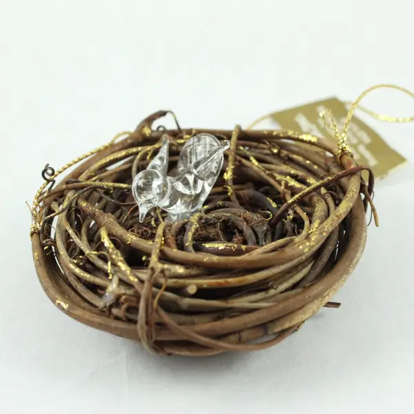 Roman Inc Bird Nest Ornament With Tiny Clear Glass Bird 3" in Diameter Good