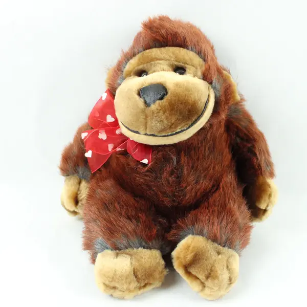 Brown Plush Monkey Stuffed Animal Red Bow White Hearts 