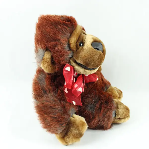 Brown Plush Monkey Stuffed Animal Red Bow White Hearts 