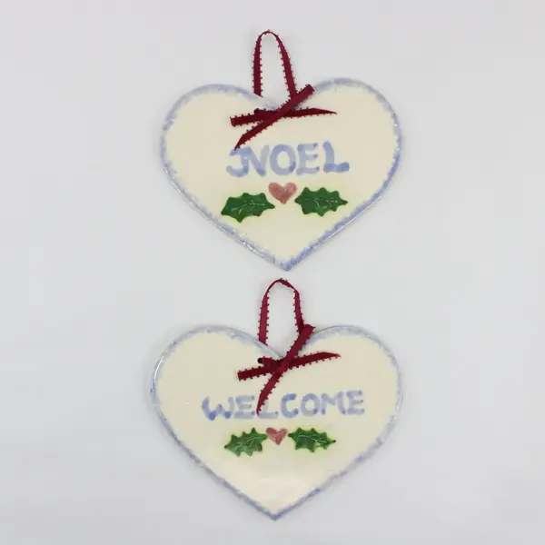 Lot of 2 Porcelain Heart-Shaped Holiday Hanging Ornaments 6.8 x 4.5in