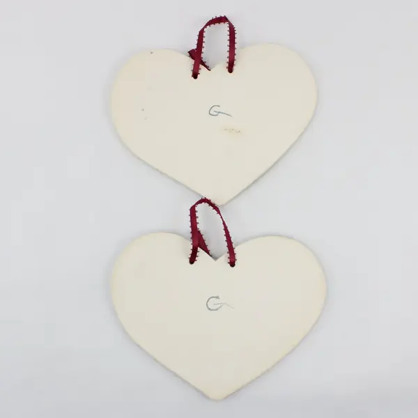 Lot of 2 Porcelain Heart-Shaped Holiday Hanging Ornaments 6.8 x 4.5in
