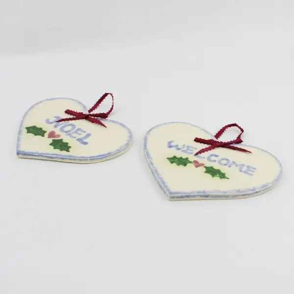 Lot of 2 Porcelain Heart-Shaped Holiday Hanging Ornaments 6.8 x 4.5in