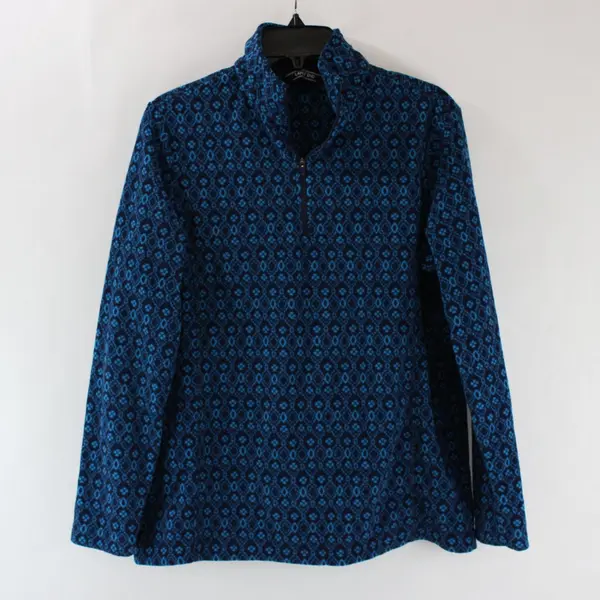 Lands' End Women's Medium Blue Geometric Floral Mock Neck Quarter Zip Pullover