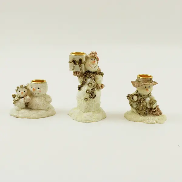 Snowman Candle Holder Figurine Set 3-Piece Glitter Winter Decor