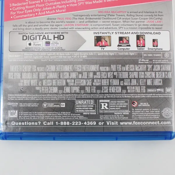 Spy (Blu-ray, 2015) Melissa McCarthy Comedy Action Unrated & Theatrical Version