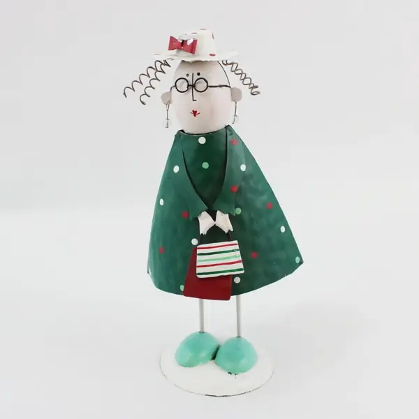 Grandmother Christmas Shopper Metal Bobble Folk Art Figurine Decor