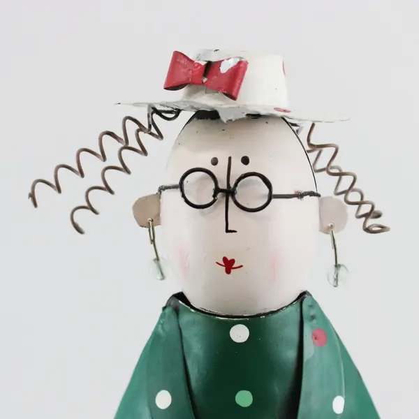 Grandmother Christmas Shopper Metal Bobble Folk Art Figurine Decor