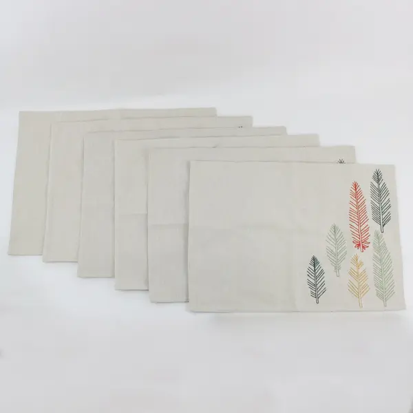 Set of 6 Cream Embroidered Feather Cloth Placemats 19x13.5 in
