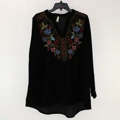 Roper Women's Black Velvet V-Neck Floral Embroidered Top Size M