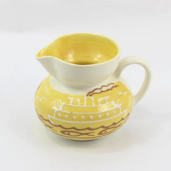 Orcas Island Pottery Ceramic Pitcher Yellow White Fish Ship Pattern