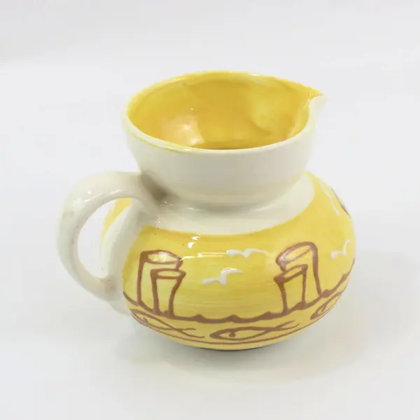 Orcas Island Pottery Ceramic Pitcher Yellow White Fish Ship Pattern