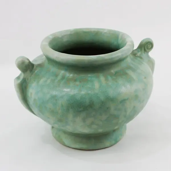 American Art Pottery Double Handled Bowl 8.5 Inch Unmarked Crazing
