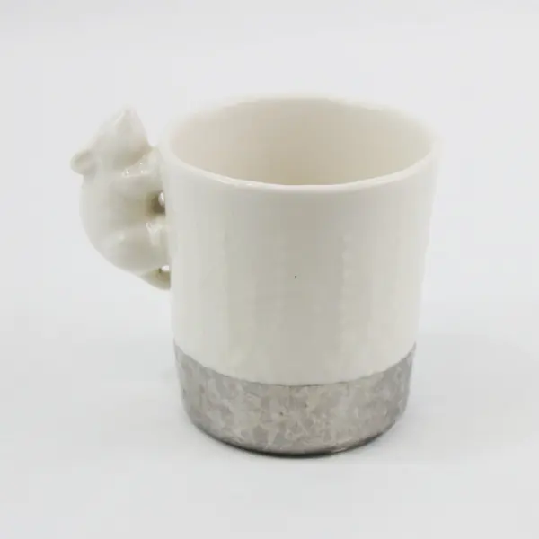 White Ceramic Coffee Mug With Figural Mouse Handle and Silver Band Around Bottom