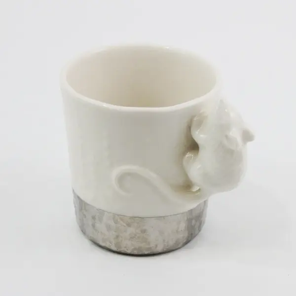 White Ceramic Coffee Mug With Figural Mouse Handle and Silver Band Around Bottom