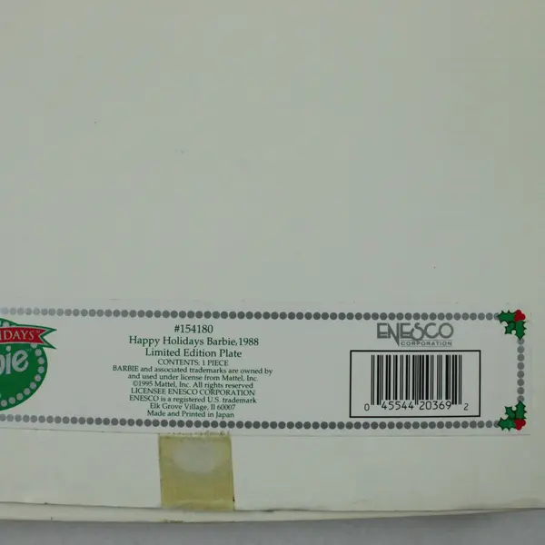 Enesco Barbie Happy Holidays 1988 Limited Edition Collector Plate #154180