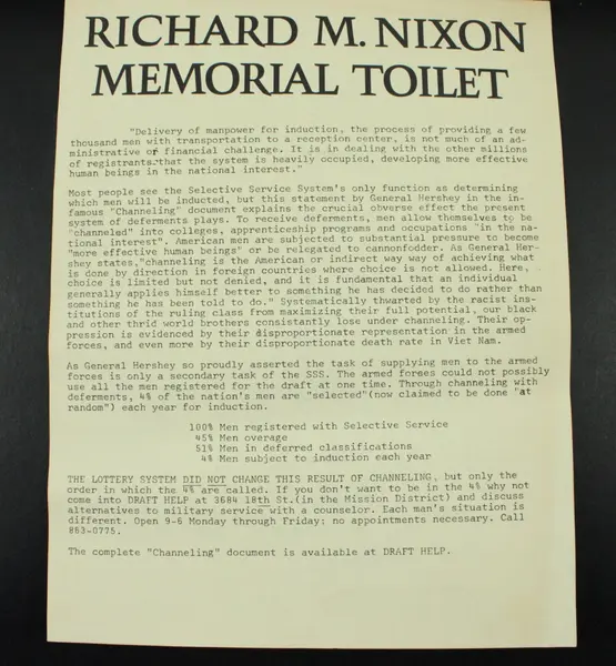 Richard M Nixon Memorial Toilet Anti-War Draft Help Flyer San Francisco 