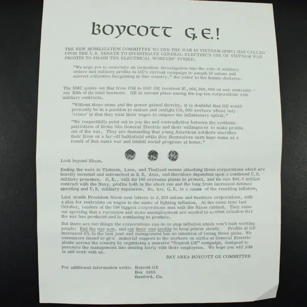 Vietnam War Boycott General Electric GE Bay Area Protest Handbill Flyer