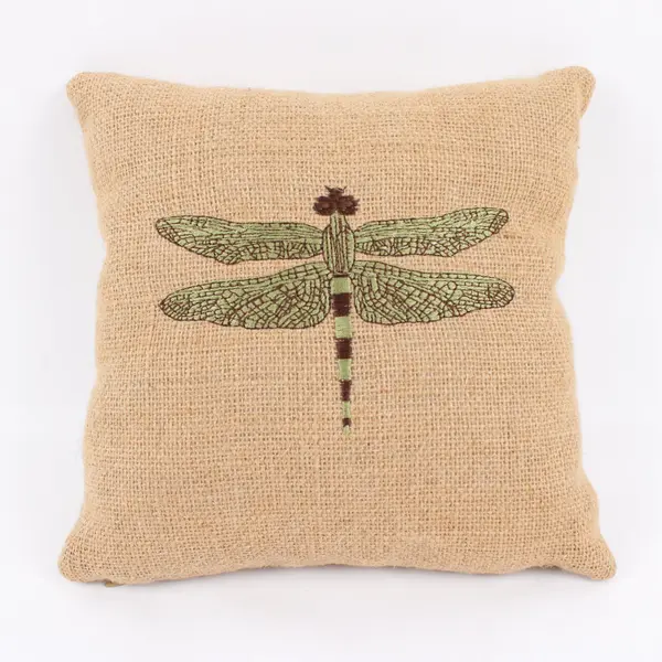 Small Embroidered Dragonfly Burlap Throw Pillow 9.5 x 9.5 in