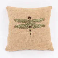 Small Embroidered Dragonfly Burlap Throw Pillow 9.5 x 9.5 in